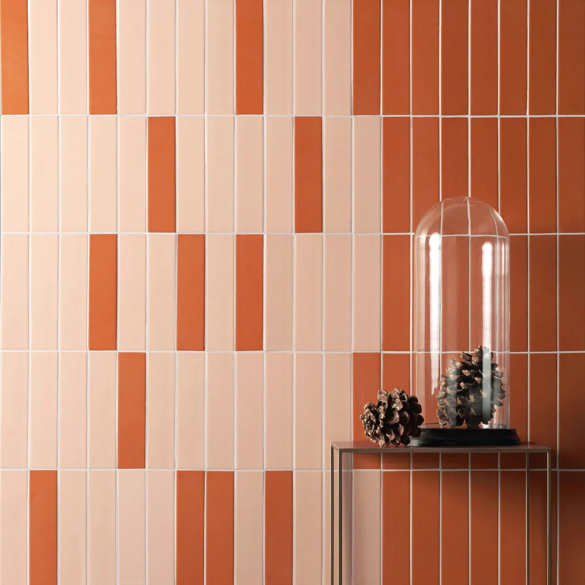 Rhythm Wall Ceramic Tile Collection: Showcasing Mist Pink and Terracotta color design on a wall