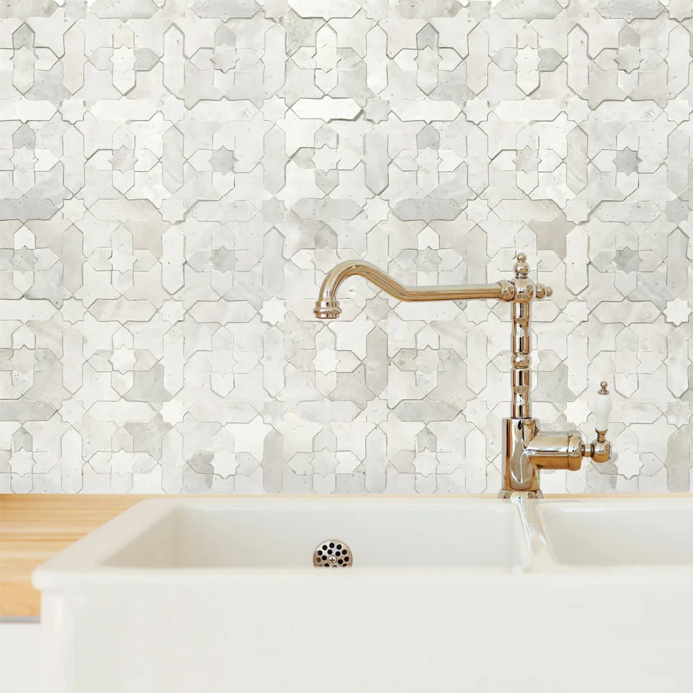 A kitchen backsplash featuring Classic Zellige hand-crafted tiles by Arda Ogan