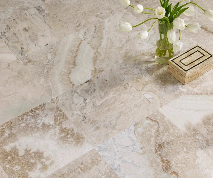 Premium natural stone tile collection featuring marble mosaics, liners, trims, travertine, limestone, and onyx surfaces by Arda Ogan