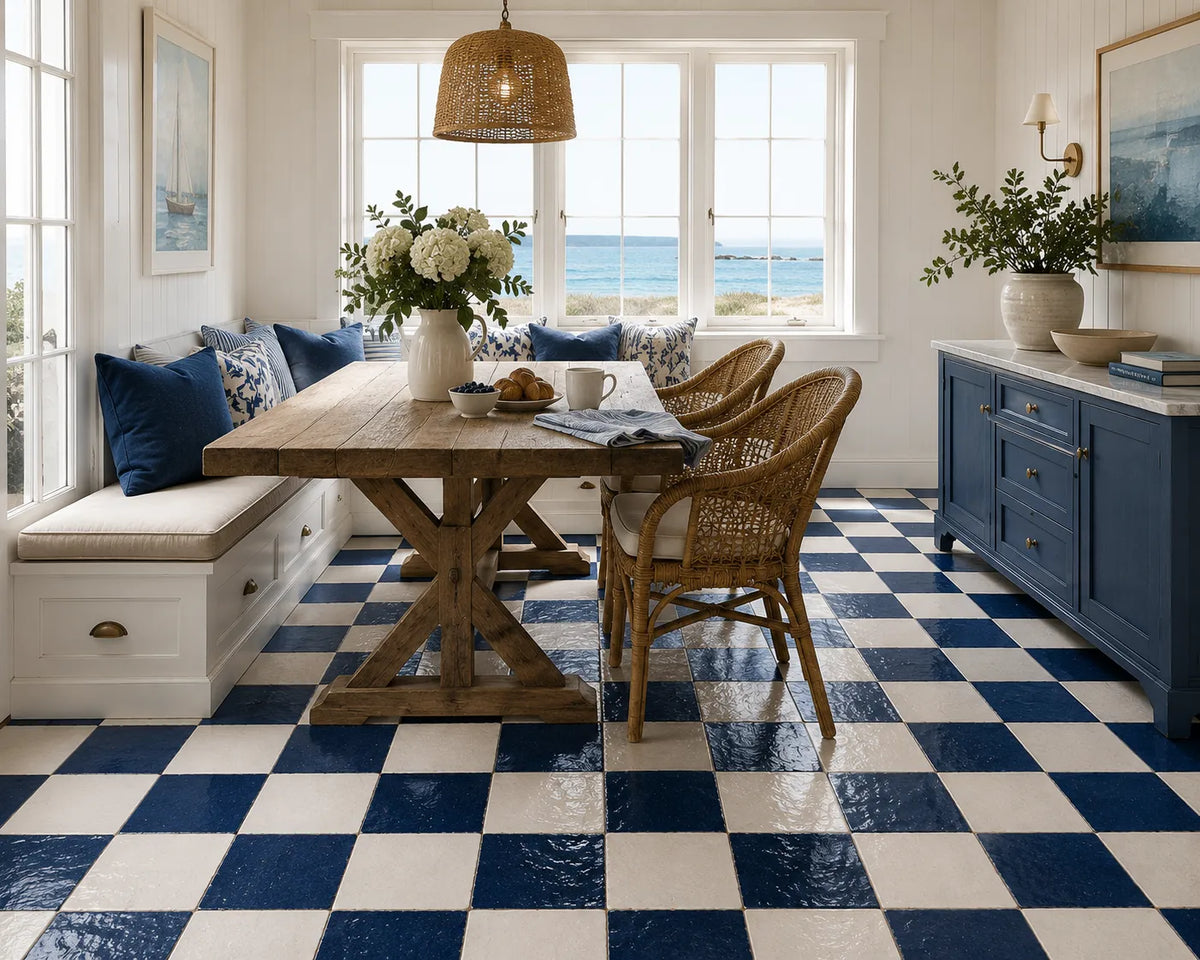 Camille Checkerboard Zellige Tile installed in a bright coastal kitchen featuring Indigo and Ivory handcrafted Moroccan Zellige.