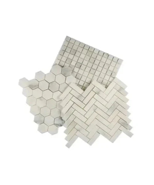 Assorted marble mosaic tiles in hexagon, herringbone, and square grid patterns, showcasing a variety of classic white tones with subtle veining.
