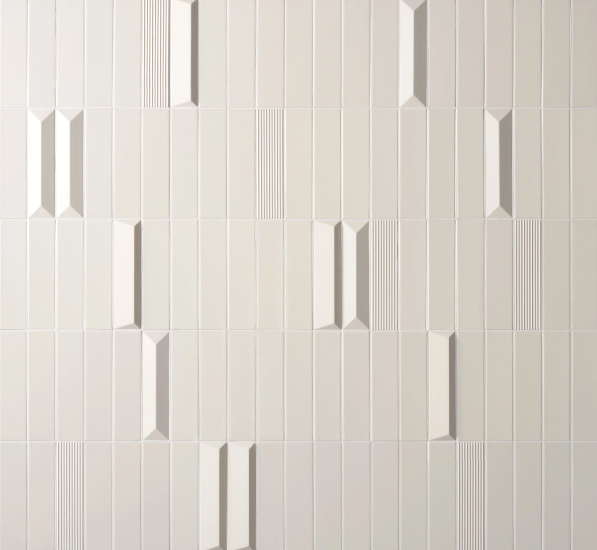 Rhythm Ivory ceramic wall tiles showing Sleek, Strata, Wave, and Pulse designs.
