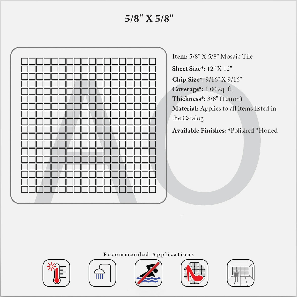 Generic ⅝-inch square mosaic dimensional reference whose existing artwork depicts green stone and multiple finishes.