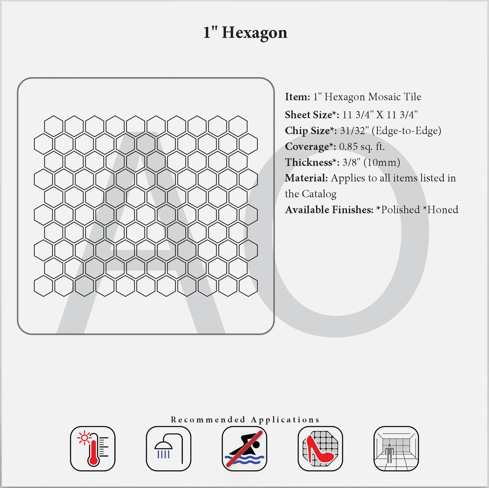 Generic 1-inch hexagon mosaic specification reference.
