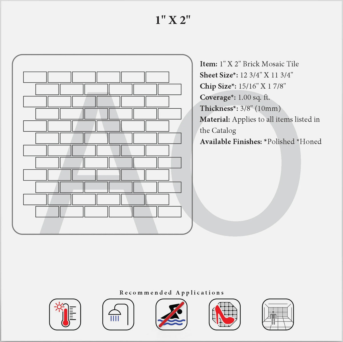 Generic 1×2 brick mosaic specification reference; exact Bianco Dolomite stone is not confirmed.