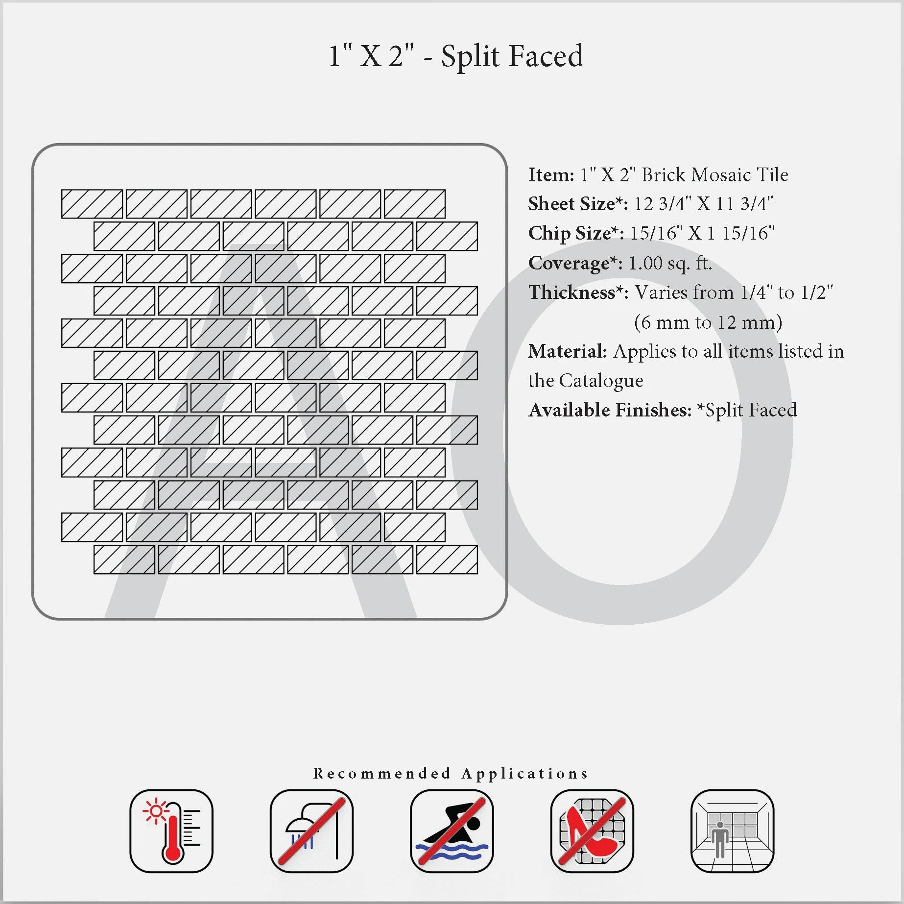 Generic 1×2 split-face mosaic dimensional reference for dry interior wall use.