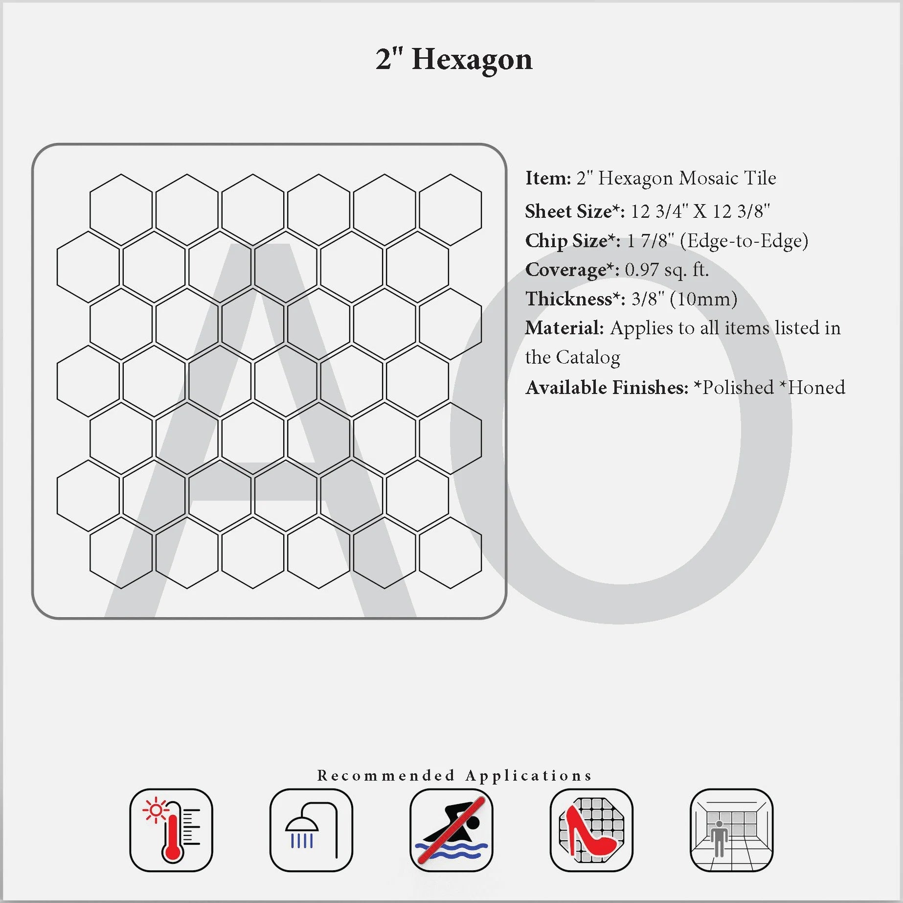 Generic 2-inch hexagon mosaic specification reference; exact Calacatta Gold stone is not confirmed.