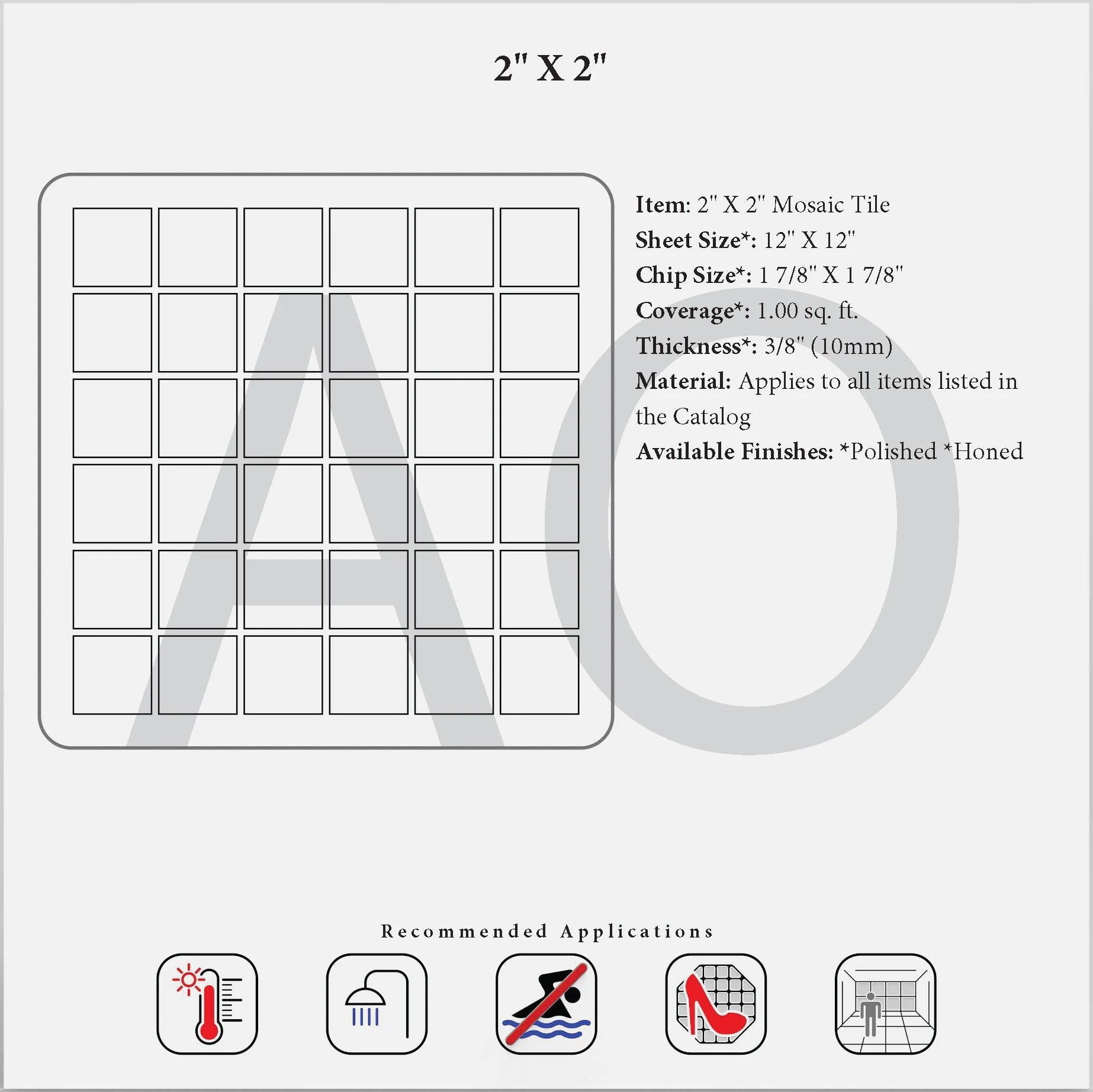 Generic 2×2 square mosaic specification reference; exact Calacatta Gold stone is not confirmed.