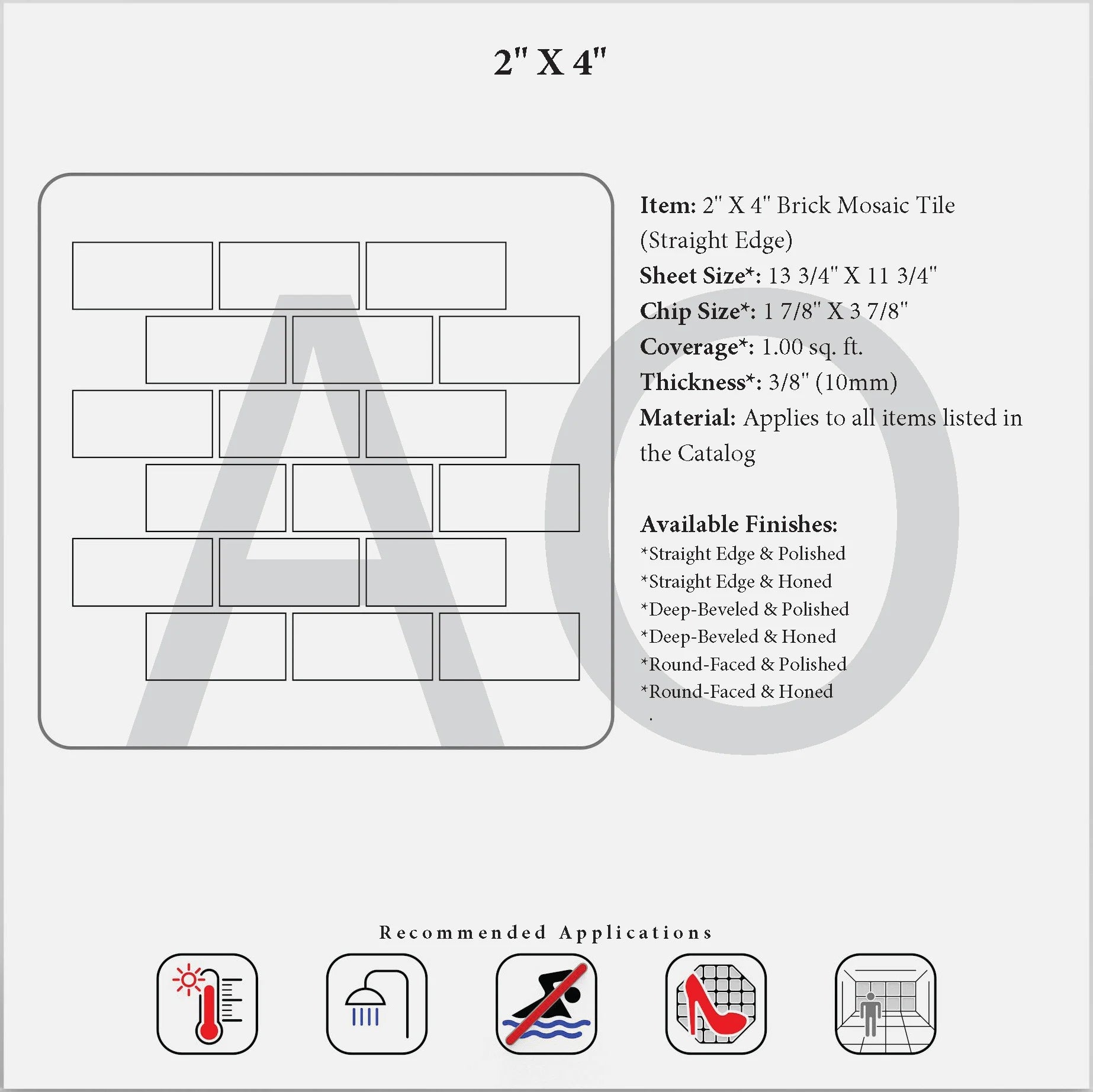 Generic 2×4 straight-edge brick mosaic specification reference; exact Calacatta Gold stone is not confirmed.