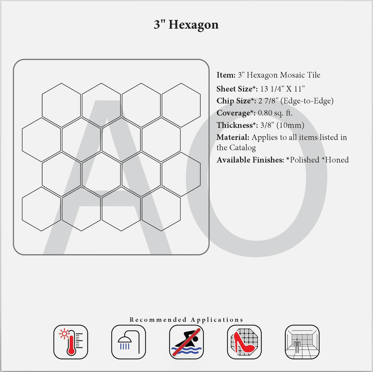 Generic 3-inch hexagon mosaic specification reference; existing alt text incorrectly identifies Calacatta Gold.