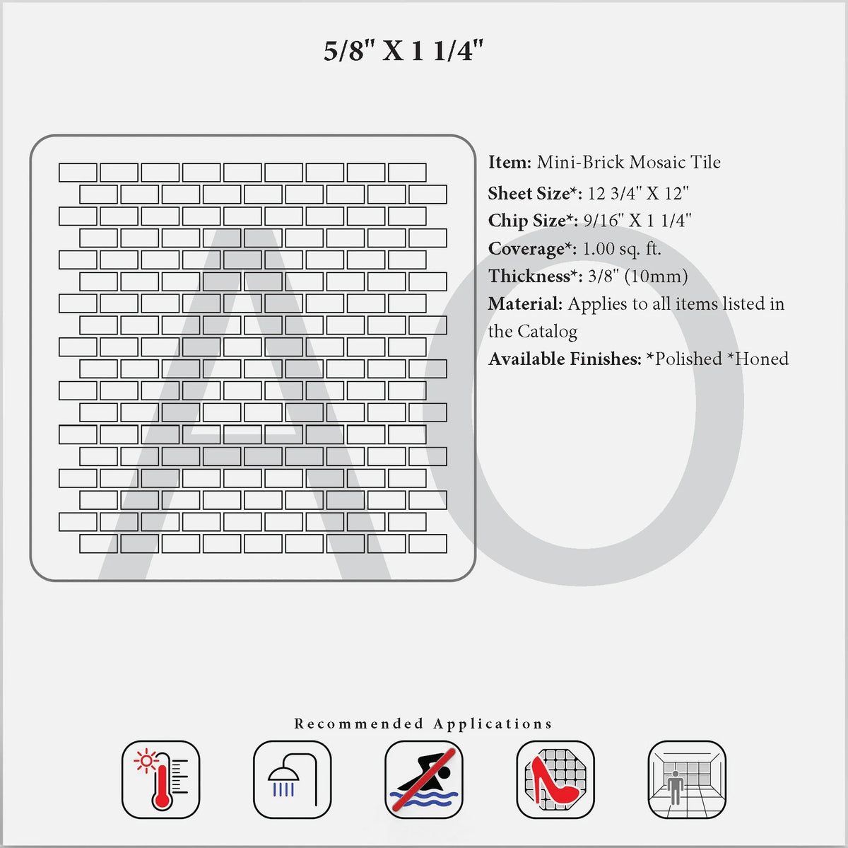 Generic ⅝×1¼ mini brick mosaic specification reference; exact Bianco Dolomite stone is not confirmed.
