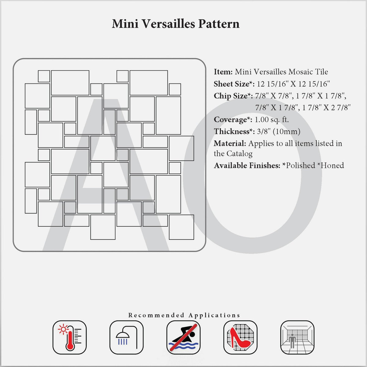 Generic Mini Versailles mosaic dimensional reference; this product is polished only.