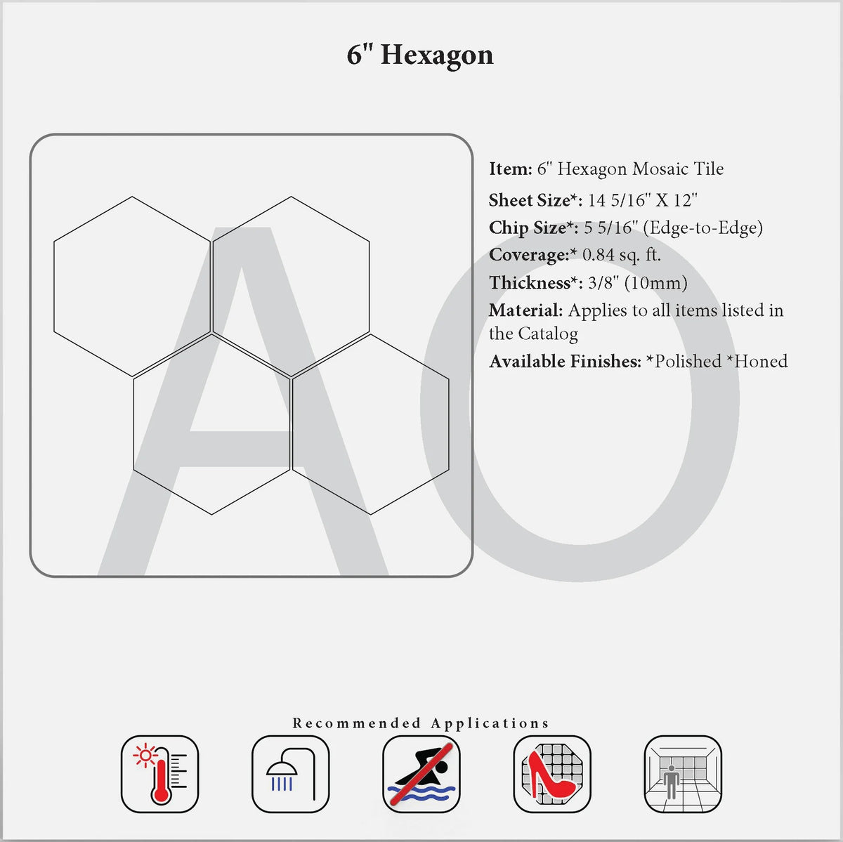 Generic 6-inch hexagon mosaic specification reference with 0.84 sq. ft. sheet coverage.