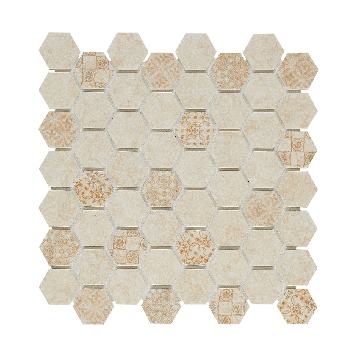 Crafted Elegance hexagon mosaic full sheet; supplier code ARTHEX001 requires color verification.