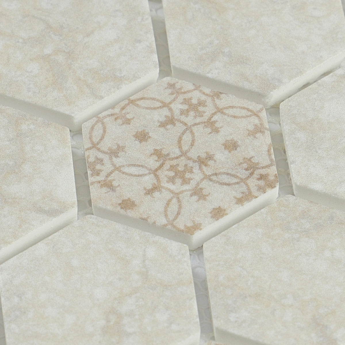 Crafted Elegance hexagon mosaic close-up; supplier code ARTHEX001 requires color verification.
