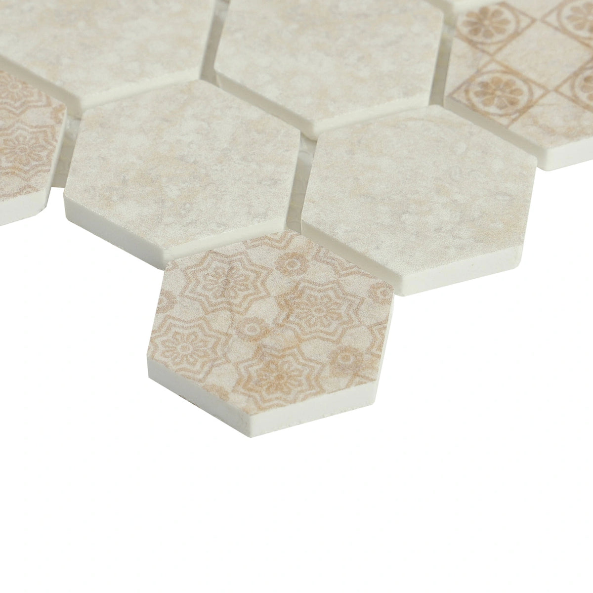 Crafted Elegance hexagon mosaic edge detail; supplier code ARTHEX001 requires color verification.