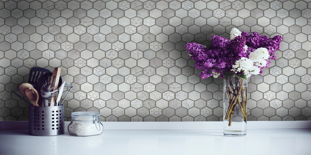 Crafted Elegance hexagon glass mosaic in a bathroom installation; supplier color requires verification.