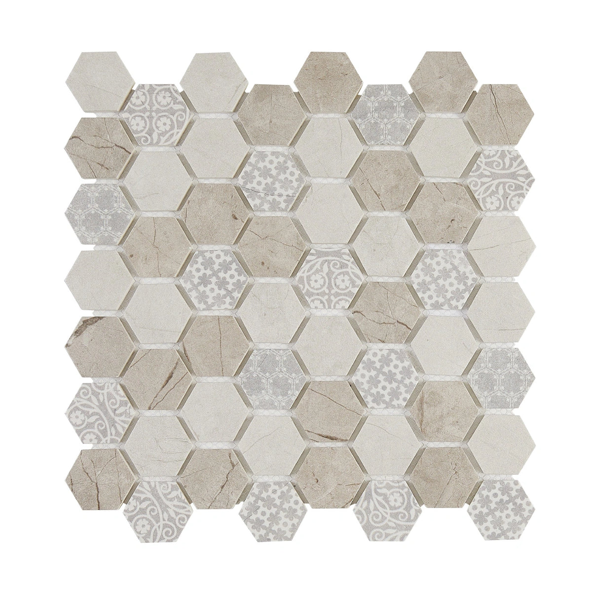 Crafted Elegance hexagon mosaic full sheet; supplier code ARTHEX002 requires color verification.