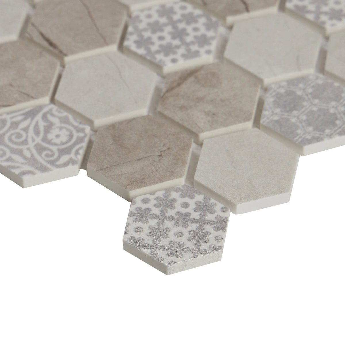Crafted Elegance hexagon mosaic edge detail; supplier code ARTHEX002 requires color verification.
