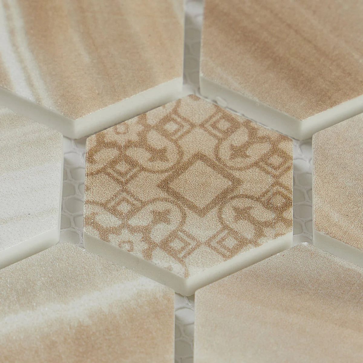 Crafted Elegance Ash Mirage matte glass hexagon mosaic close-up.