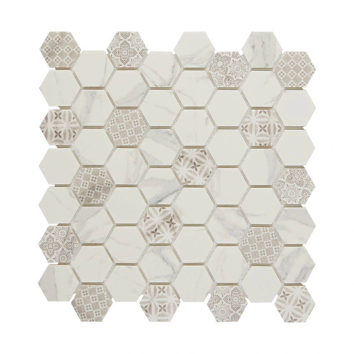 Crafted Elegance hexagon mosaic full sheet; supplier code ARTHEX004 requires color verification.