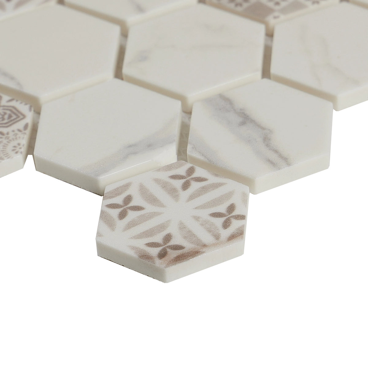 Crafted Elegance hexagon mosaic edge detail; supplier code ARTHEX004 requires color verification.