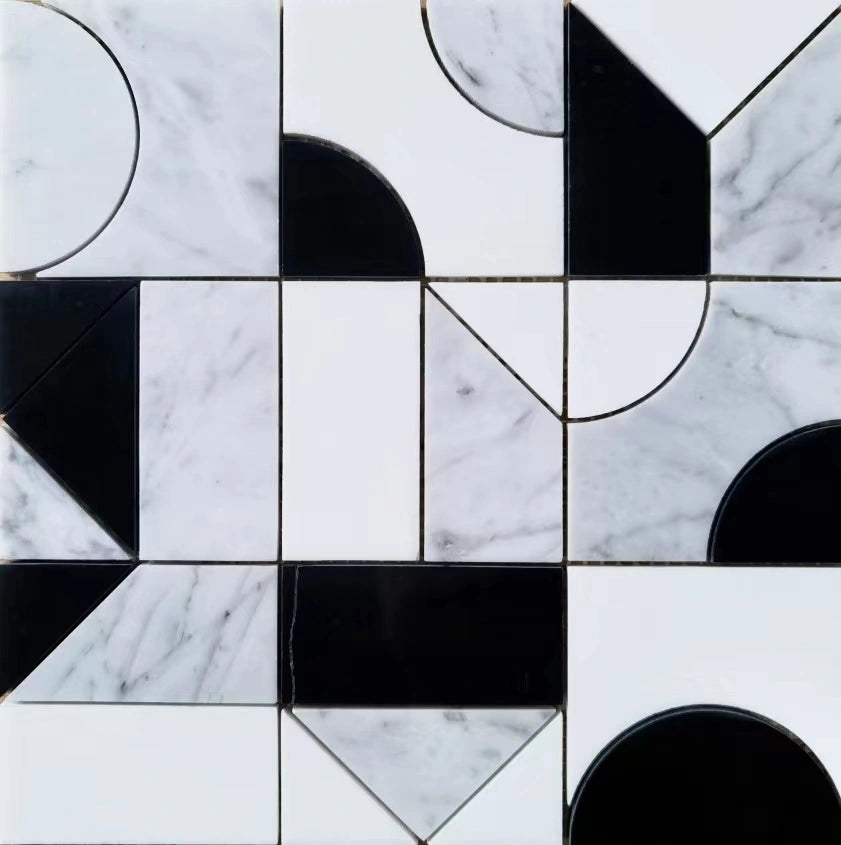 Modernist Expressions Abstract Noir waterjet marble mosaic with monochromatic geometric pattern.