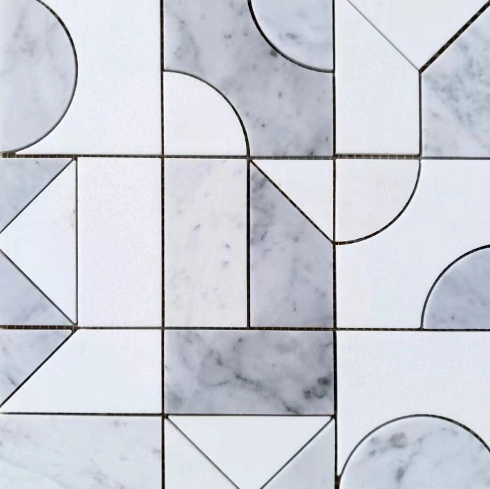Modernist Expressions Cubist waterjet marble mosaic with geometric ivory-toned pattern.