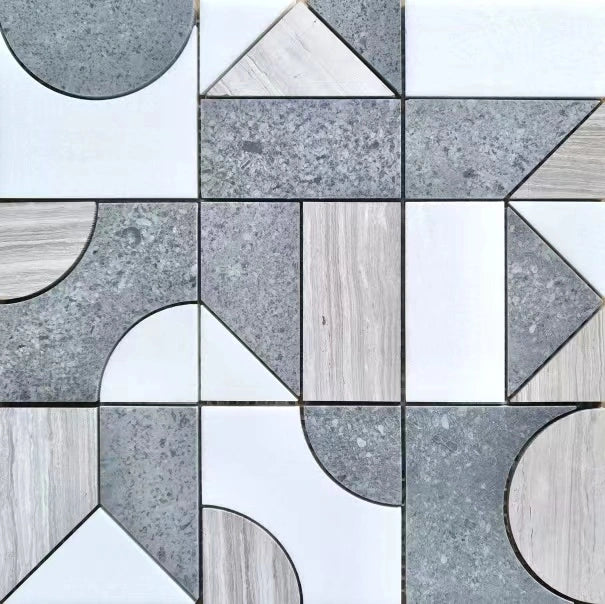 Modernist Expressions Textural Echo waterjet marble mosaic with layered contrasting forms.