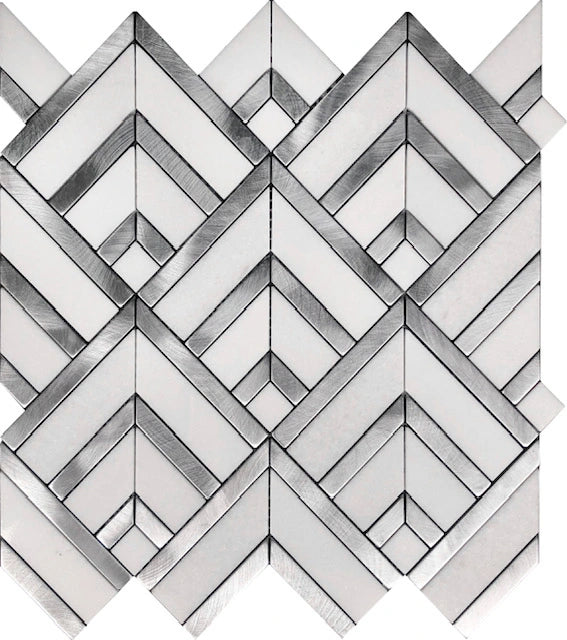 Art Deco Elegance Silver Radiance 12×13¼ polished marble and aluminum geometric mosaic.