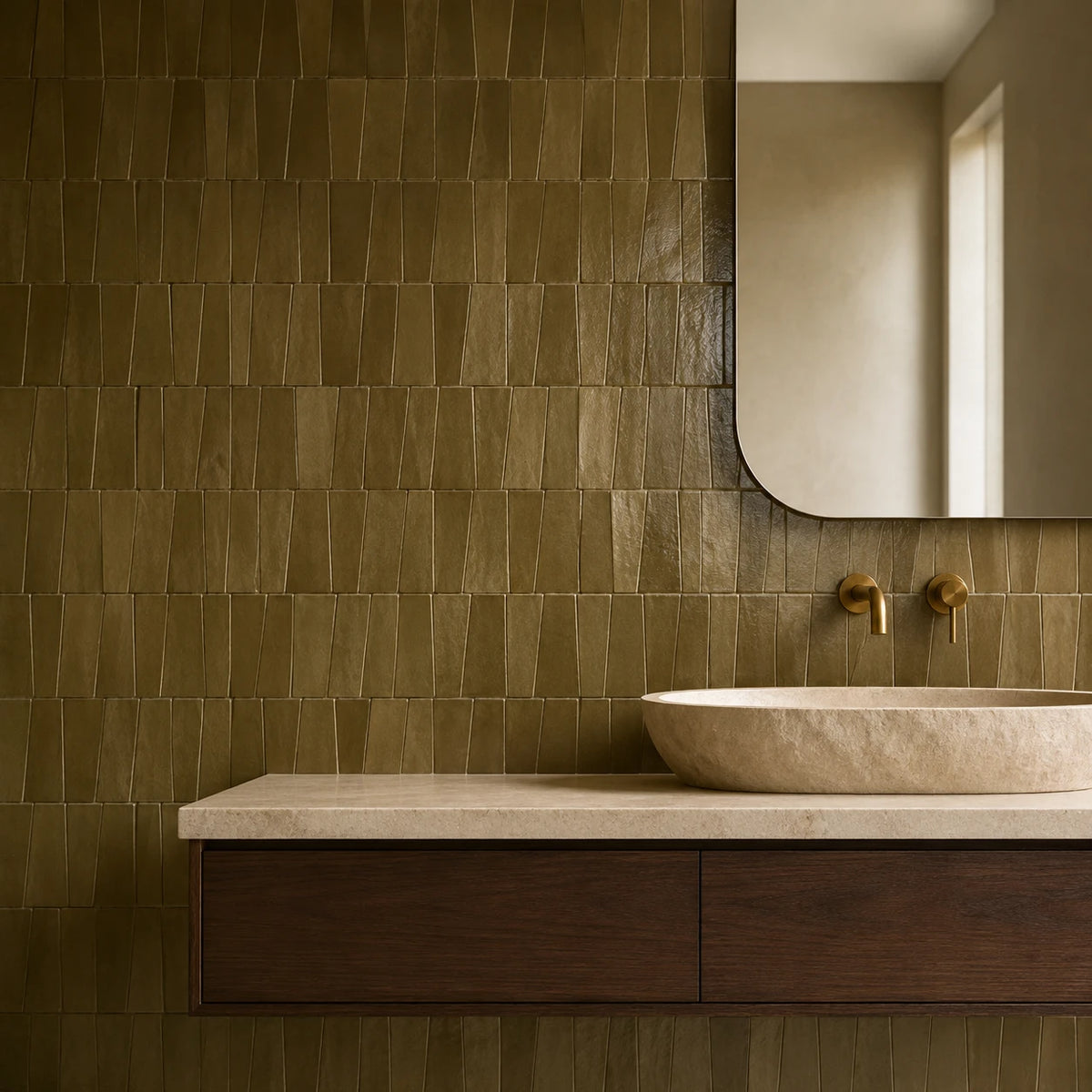 Aveline Amber Clay semi-gloss trapezoid ceramic mosaic installed behind a limestone bathroom vanity