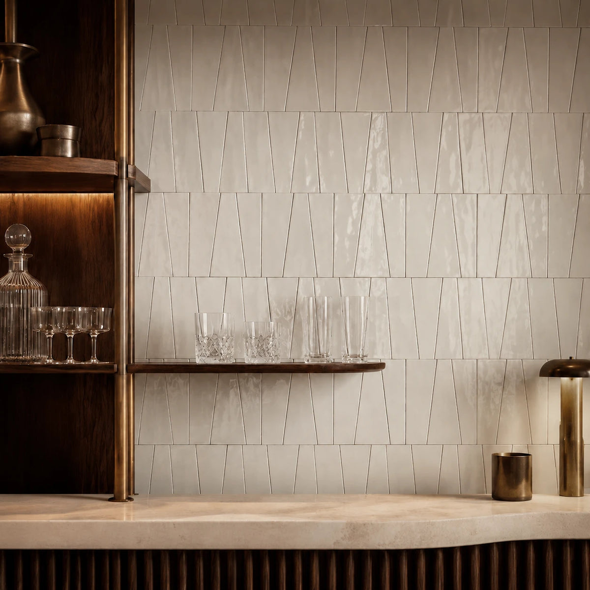 Aveline Chalk White semi-gloss trapezoid ceramic mosaic installed on a luxury bar feature wall