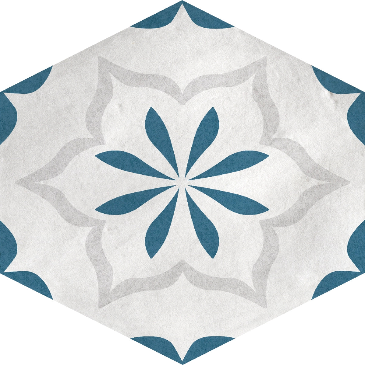 Fez Azure Drift Deco matte porcelain hexagon tile with deep blue Moroccan-inspired patterning.