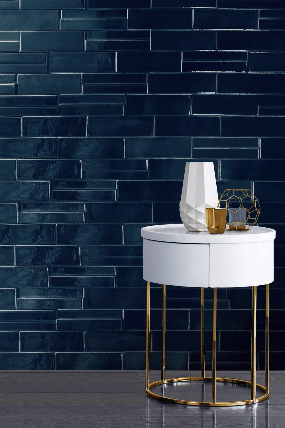 Fez Azure Drift glossy ceramic wall tile in a coastal-inspired interior.