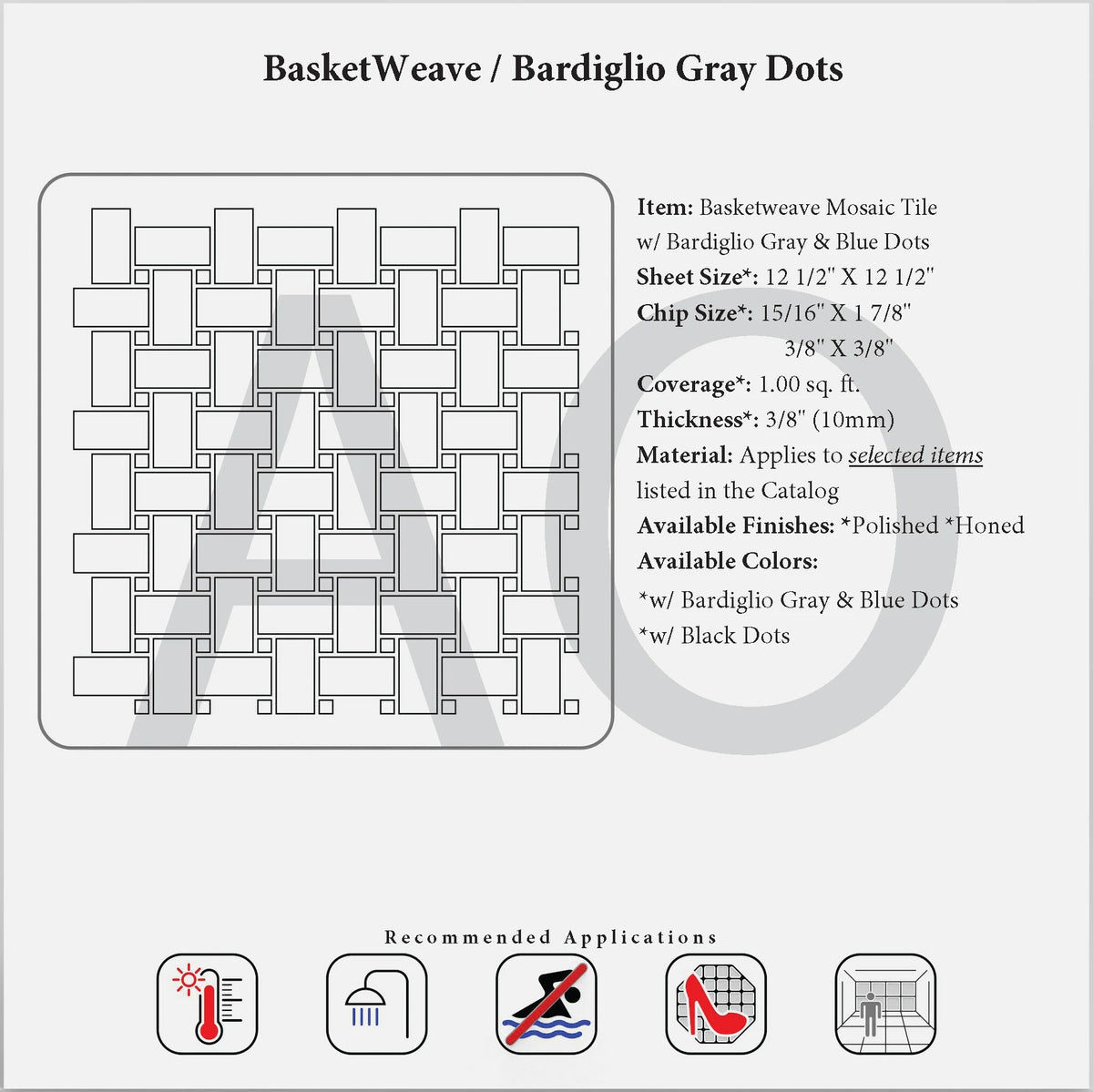 Carrara White basketweave mosaic with Bardiglio-style blue-gray dots specification reference.