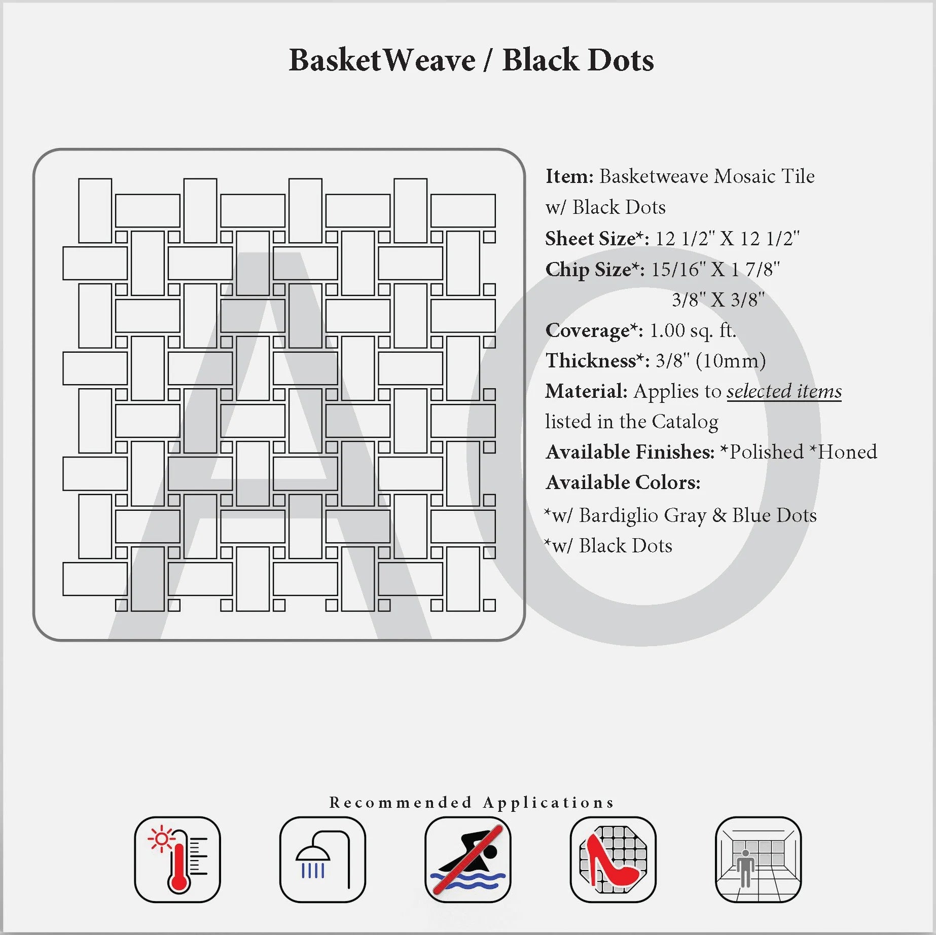 Carrara White basketweave mosaic with black dots specification reference.