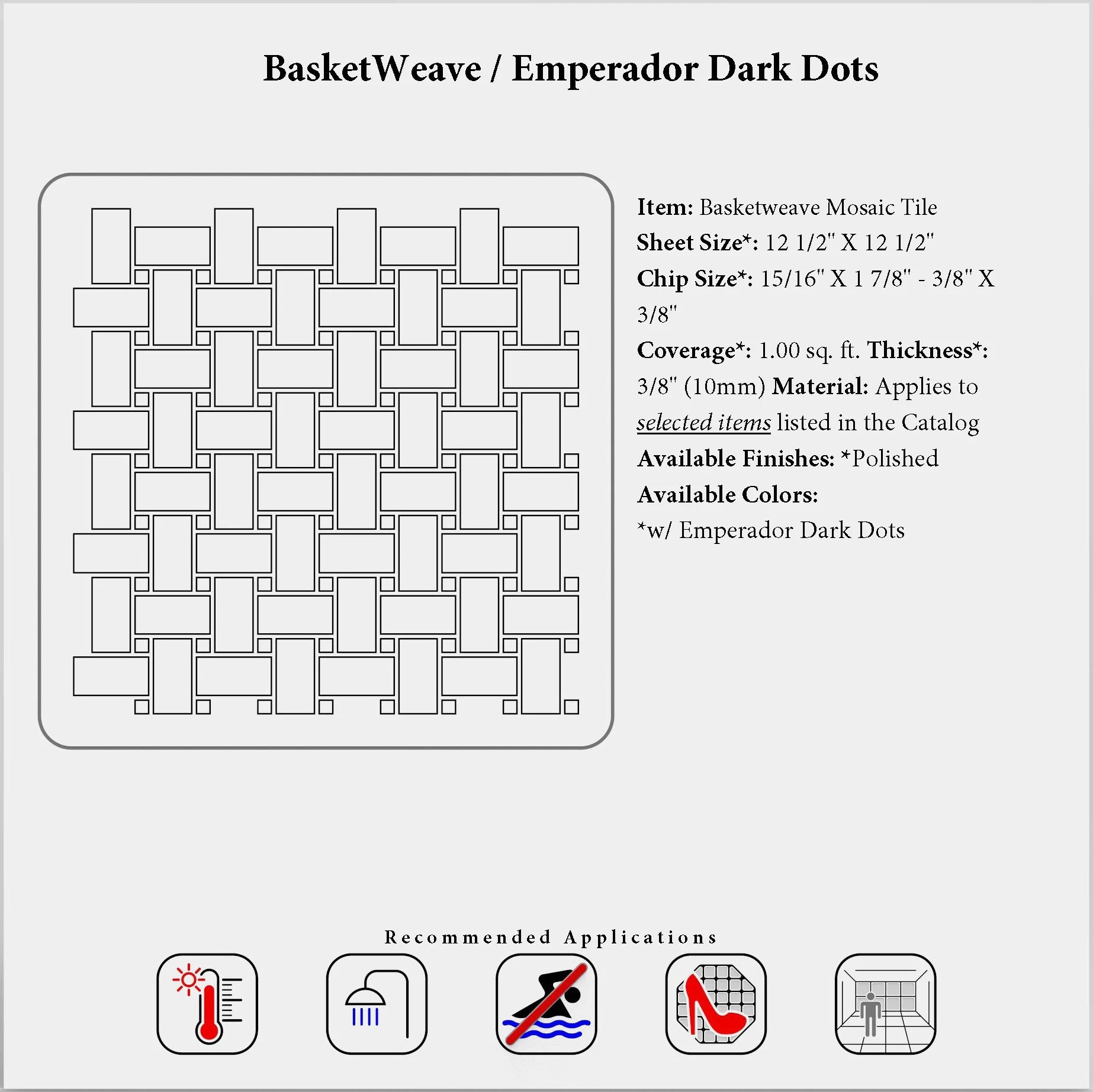 Basketweave mosaic with Emperador Dark dots specification reference; filename identifies only Polished.