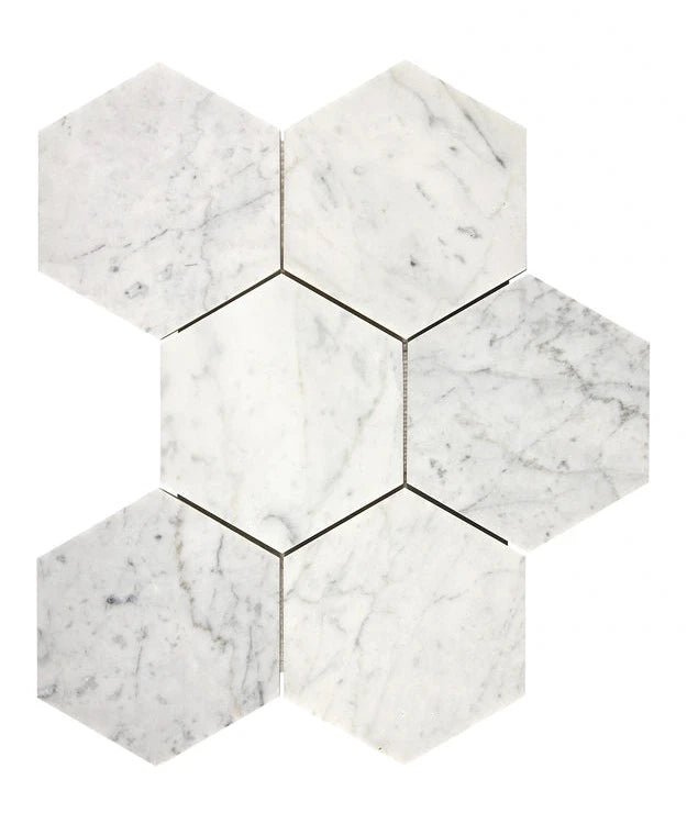Carrara White Gioia marble 5-inch hexagon mosaic in polished or honed finish.