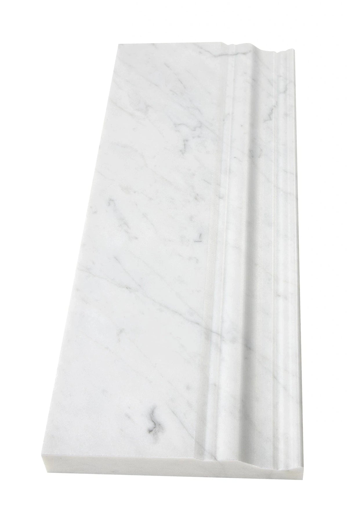 Carrara White Gioia marble 4¾×12 baseboard in polished or honed finish.