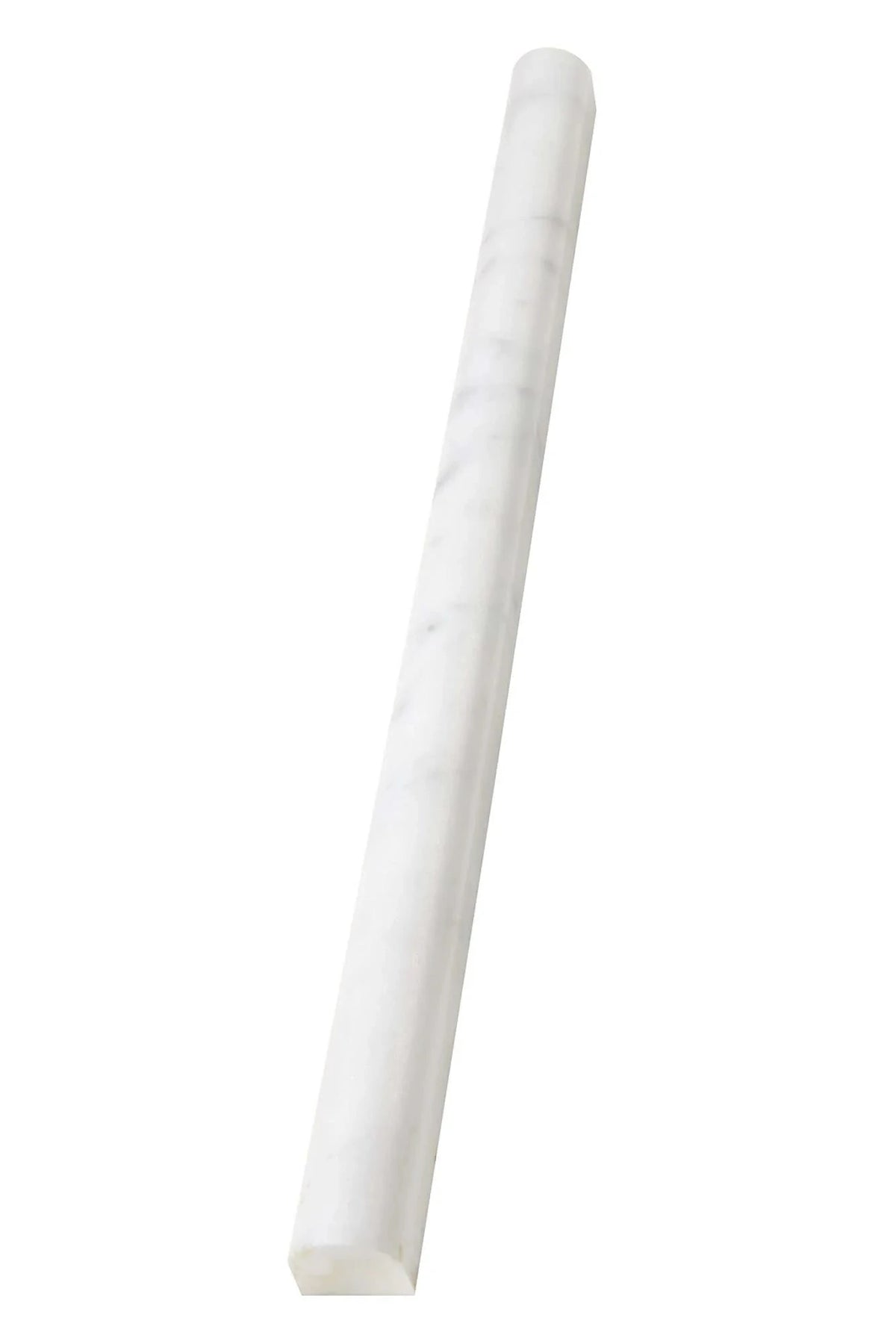 Carrara White Gioia marble ⅝×12 pencil liner in a polished or honed finish.