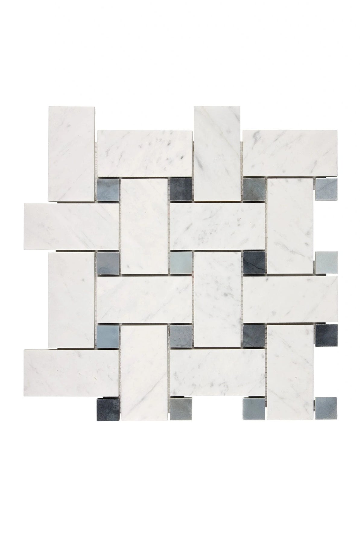 Carrara White Gioia large basketweave mosaic with blue-gray accent dots.