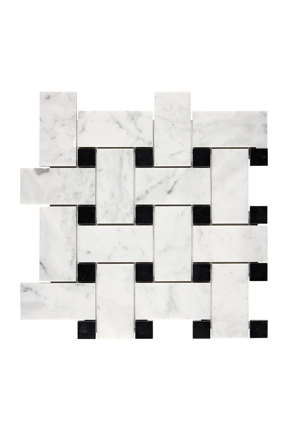 Carrara White Gioia large basketweave mosaic with black accent dots.