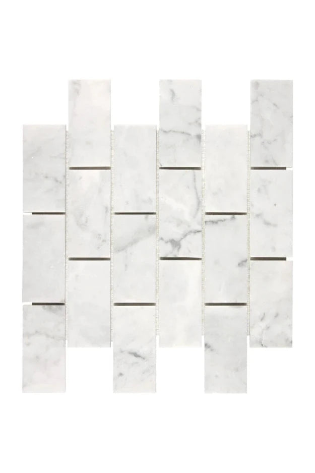 Carrara White Gioia marble 2×4 straight-set brick mosaic in polished or honed finish.