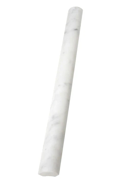 Carrara White Gioia marble 1×12 quarter-round trim in a polished or honed finish.