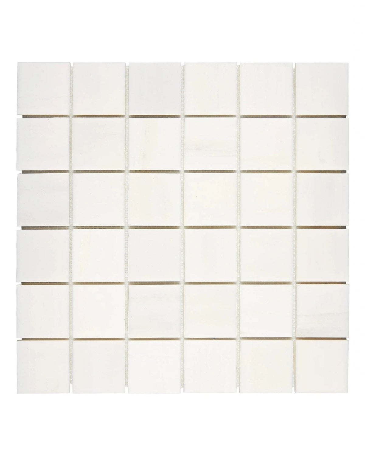 Bianco Dolomite 2×2 square marble mosaic in polished or honed finish.