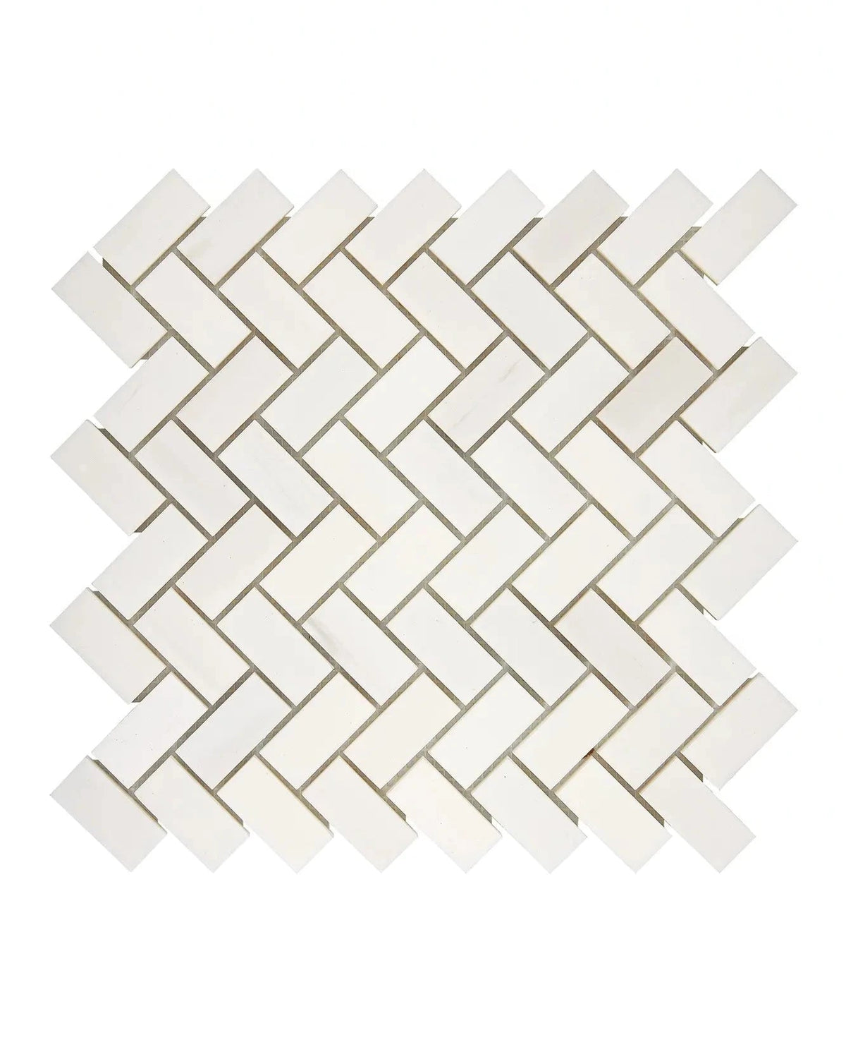Bianco Dolomite 1×2 herringbone marble mosaic in polished or honed finish.