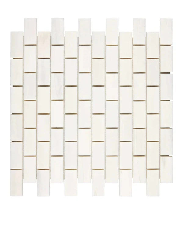 Bianco Dolomite 1×2 brick marble mosaic in polished or honed finish.