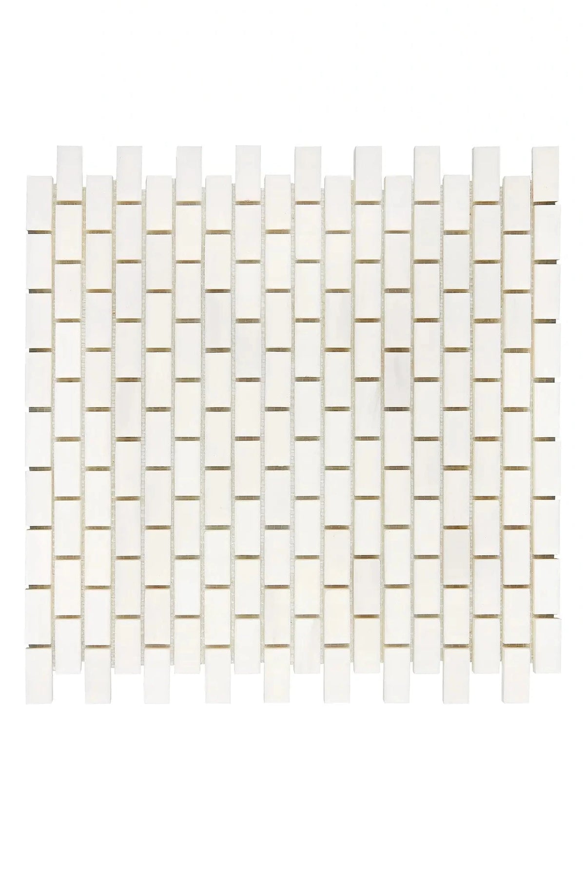 Bianco Dolomite ⅝×1¼ mini brick marble mosaic in polished or honed finish.