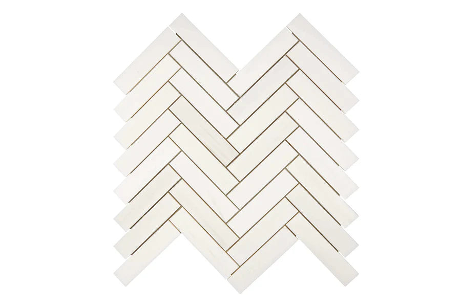 Bianco Dolomite 1×4 herringbone marble mosaic secondary view.