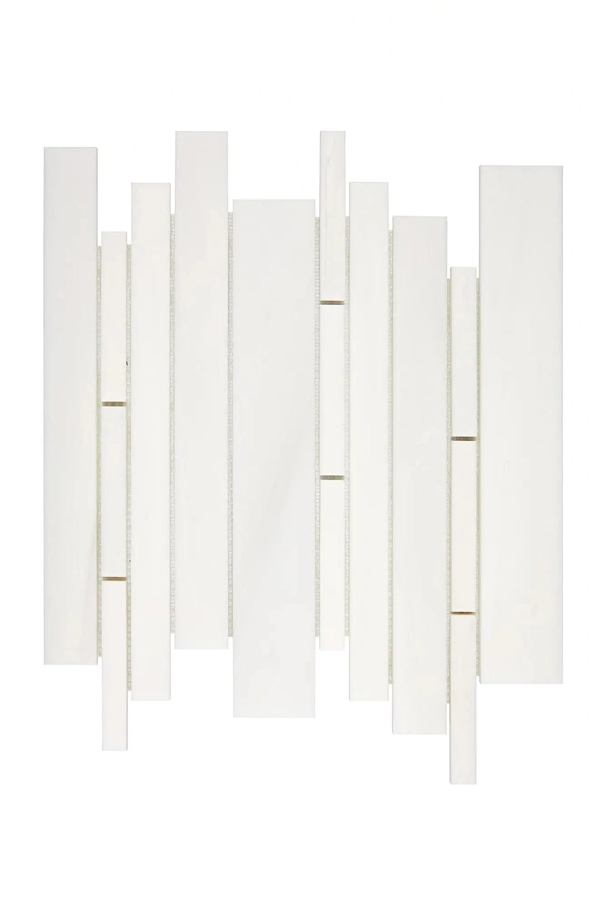 Bianco Dolomite random strip marble mosaic in polished or honed finish.